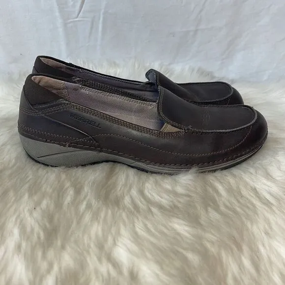 Merrell Espresso Brown Leather Square Toe Slip On Loafers Sz 8