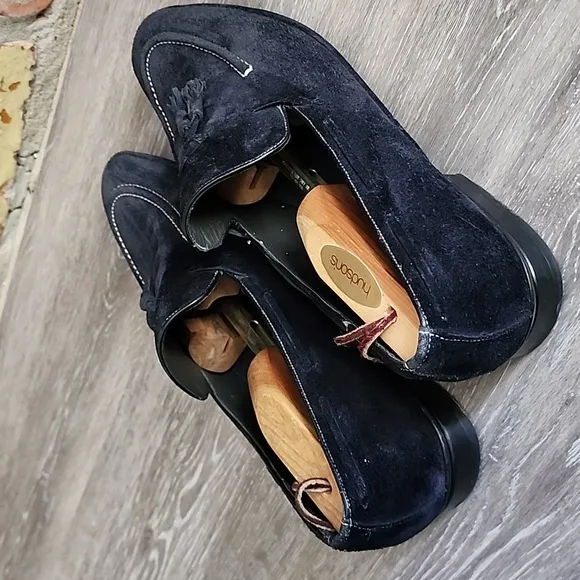 Mezlan Mens Midnight Blue White Stitch Detail Suede Loafers with Tassels Sz 10M