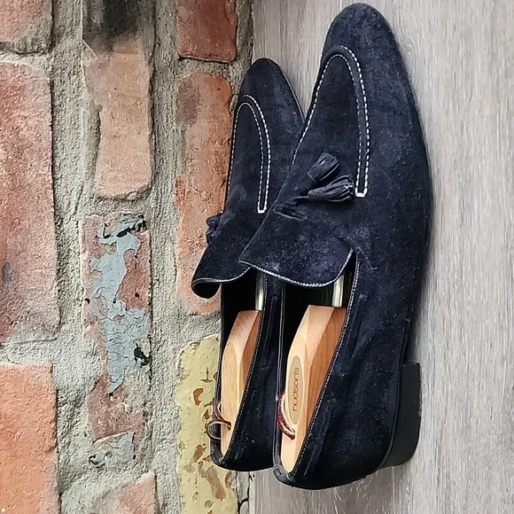 Mezlan Mens Midnight Blue White Stitch Detail Suede Loafers with Tassels Sz 10M