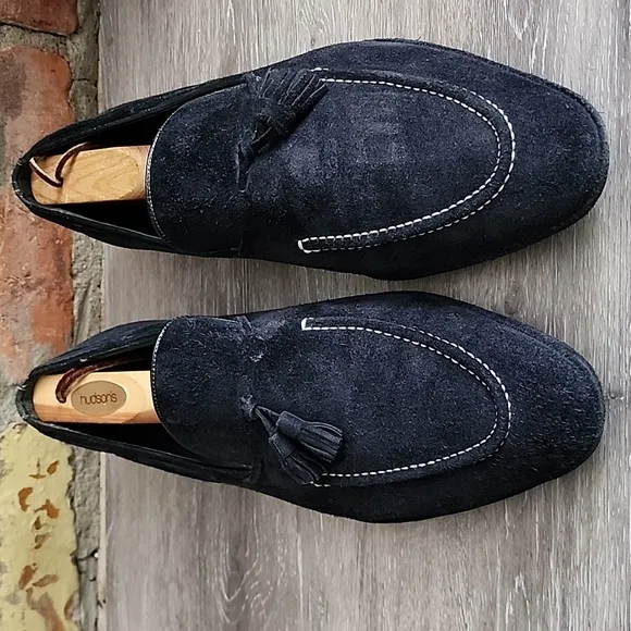 Mezlan Mens Midnight Blue White Stitch Detail Suede Loafers with Tassels Sz 10M