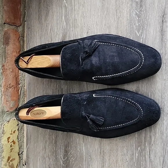 Mezlan Mens Midnight Blue White Stitch Detail Suede Loafers with Tassels Sz 10M
