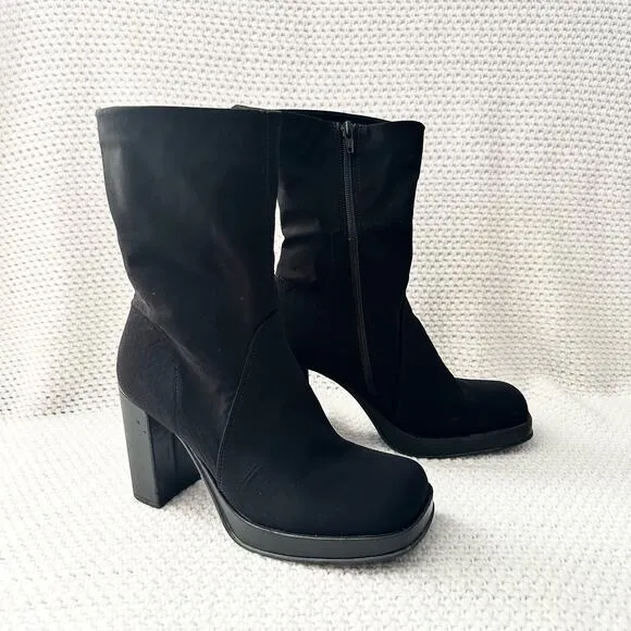 Mia Vintage Black Nylon Stretch Square Toe Platform 90s Y2K Mid Calf Boots 9