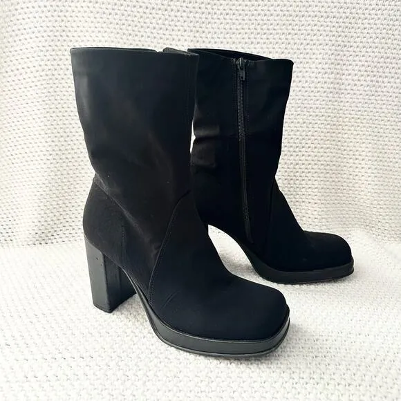 Mia Vintage Black Nylon Stretch Square Toe Platform 90s Y2K Mid Calf Boots 9