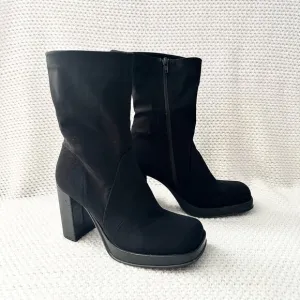 Mia Vintage Black Nylon Stretch Square Toe Platform 90s Y2K Mid Calf Boots 9