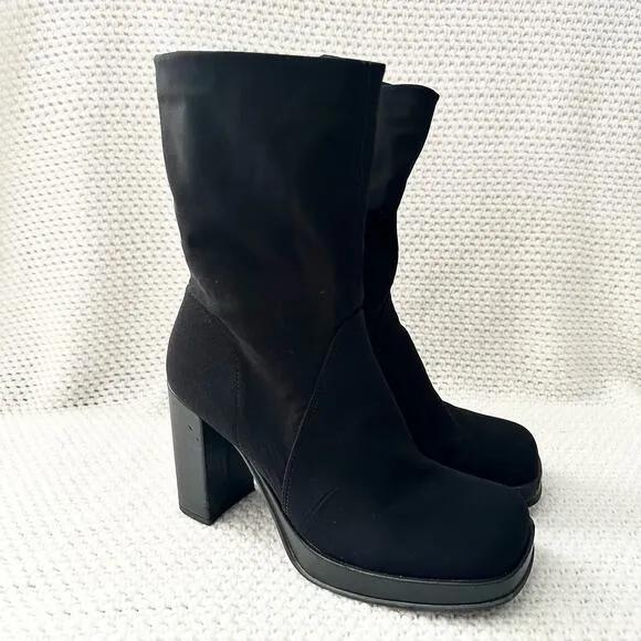 Mia Vintage Black Nylon Stretch Square Toe Platform 90s Y2K Mid Calf Boots 9