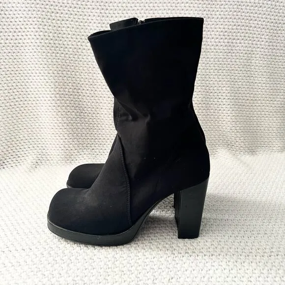 Mia Vintage Black Nylon Stretch Square Toe Platform 90s Y2K Mid Calf Boots 9