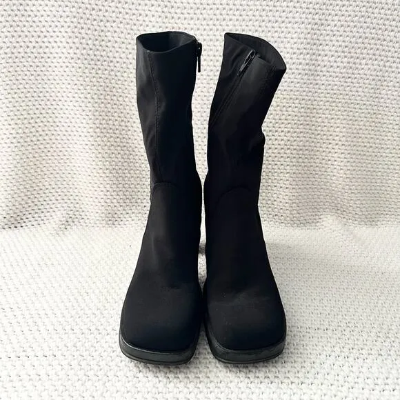 Mia Vintage Black Nylon Stretch Square Toe Platform 90s Y2K Mid Calf Boots 9
