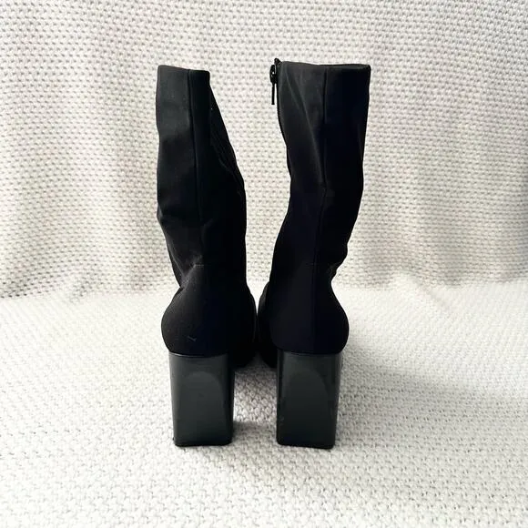 Mia Vintage Black Nylon Stretch Square Toe Platform 90s Y2K Mid Calf Boots 9