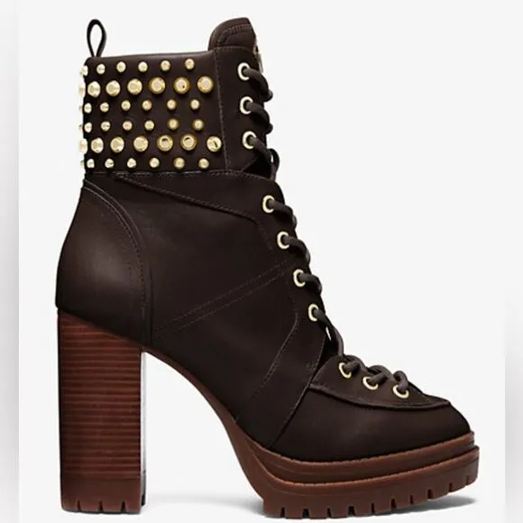 Michael Kors $245 Yvonne Studded Leather Boot Brown Size 6M