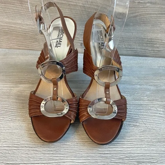 Michael Kors Bella Du Mod brown leather silver strappy slingback sandals size 10