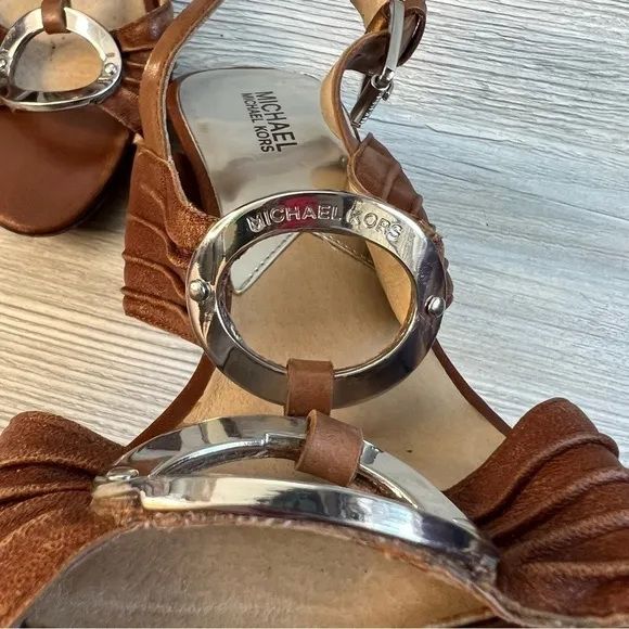 Michael Kors Bella Du Mod brown leather silver strappy slingback sandals size 10