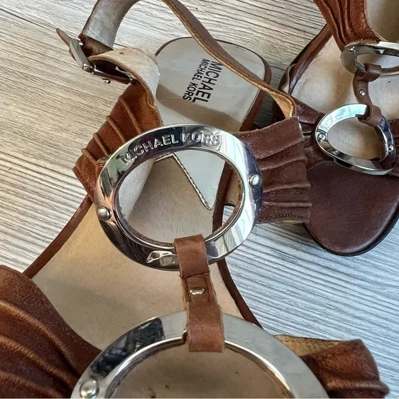 Michael Kors Bella Du Mod brown leather silver strappy slingback sandals size 10