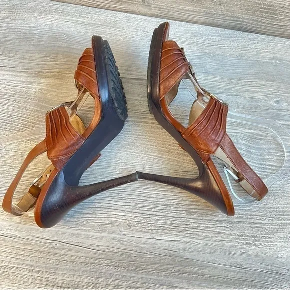 Michael Kors Bella Du Mod brown leather silver strappy slingback sandals size 10