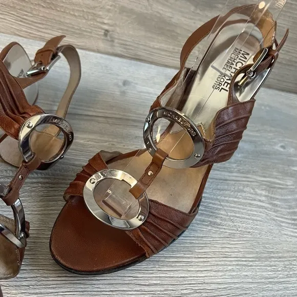 Michael Kors Bella Du Mod brown leather silver strappy slingback sandals size 10
