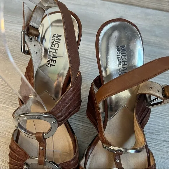 Michael Kors Bella Du Mod brown leather silver strappy slingback sandals size 10