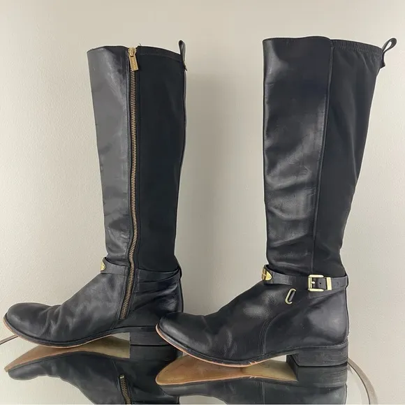 MICHAEL KORS Black Leather Gold Hardware Buckle Arley Knee High Riding Boots