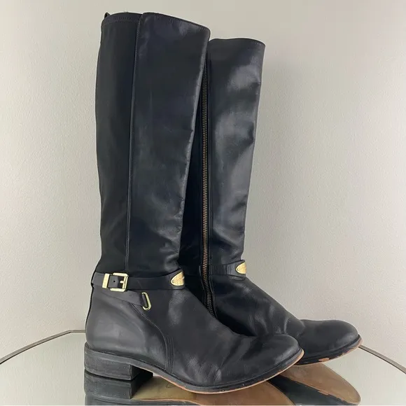 MICHAEL KORS Black Leather Gold Hardware Buckle Arley Knee High Riding Boots