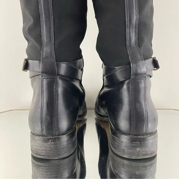 MICHAEL KORS Black Leather Gold Hardware Buckle Arley Knee High Riding Boots
