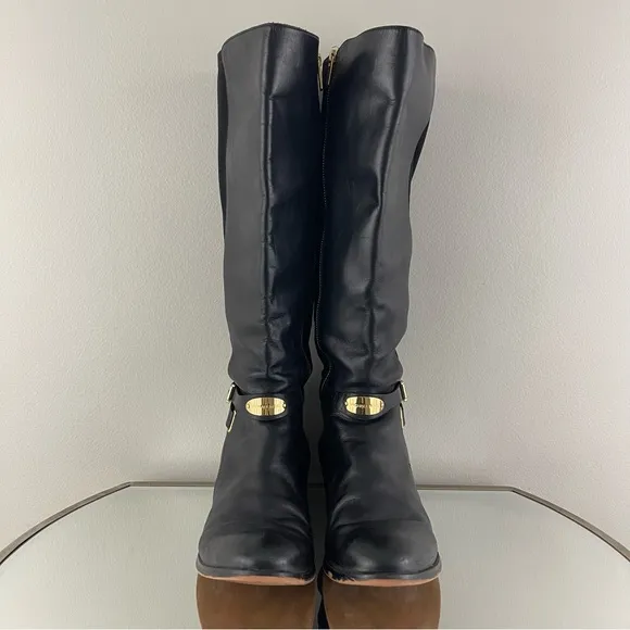 MICHAEL KORS Black Leather Gold Hardware Buckle Arley Knee High Riding Boots
