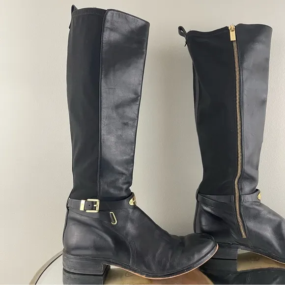 MICHAEL KORS Black Leather Gold Hardware Buckle Arley Knee High Riding Boots