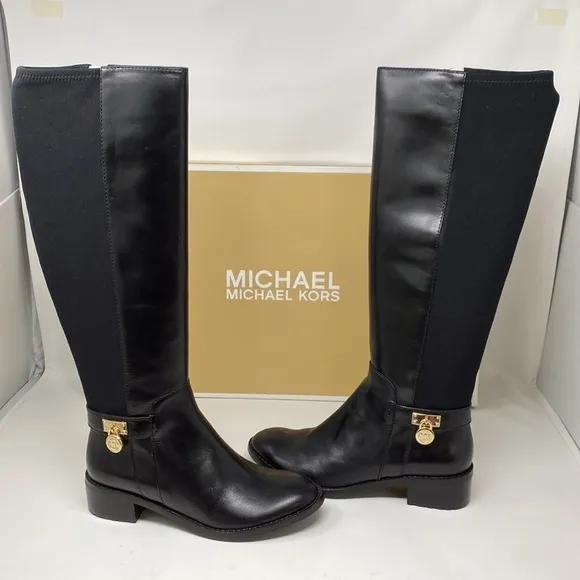 Michael Kors Black Leather Hamilton Stretch Boots size 5.5 NEW