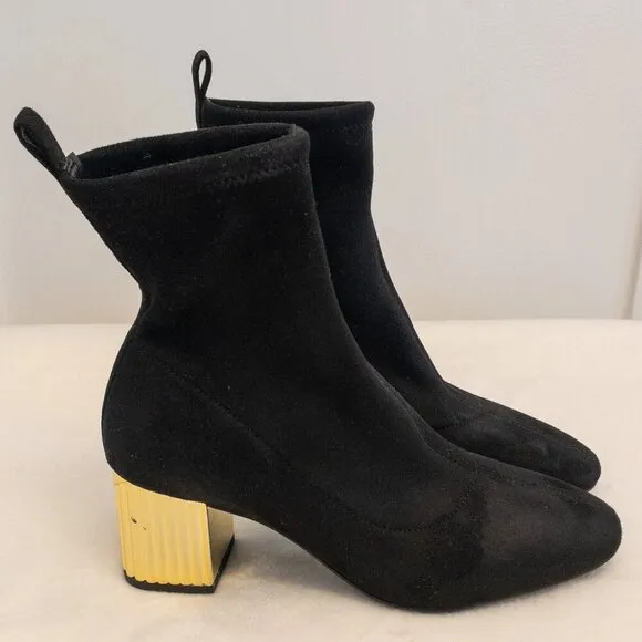 Michael Kors Black Suede Stretch Sock Booties Gold Heel Ankle Boots Size 7