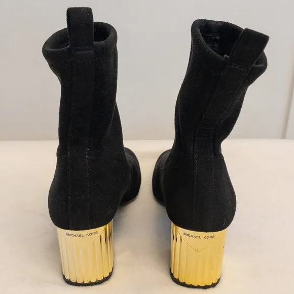 Michael Kors Black Suede Stretch Sock Booties Gold Heel Ankle Boots Size 7