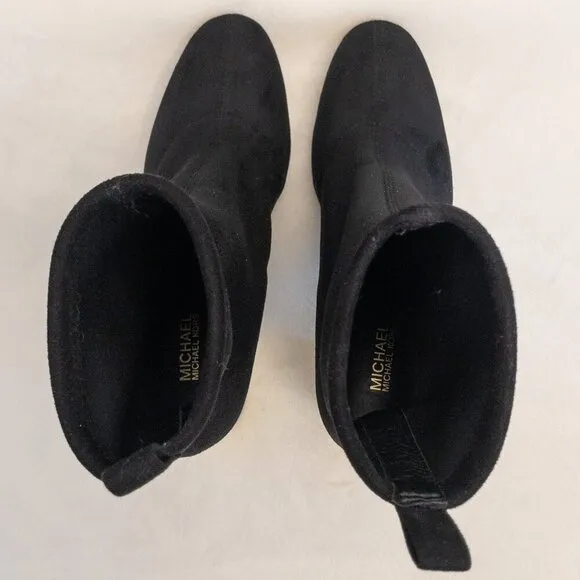 Michael Kors Black Suede Stretch Sock Booties Gold Heel Ankle Boots Size 7
