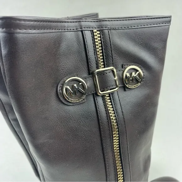 Michael Kors Brown Leather Calf High Zip Up BEXLEY Riding Boots MK Buckle