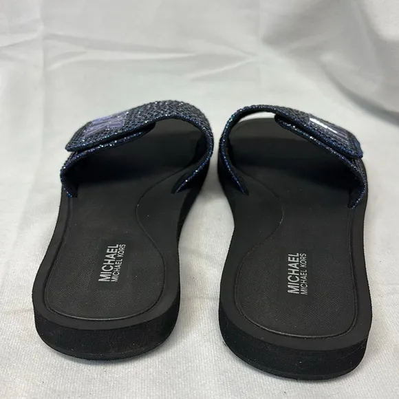 Michael Kors Eva flocked sole rhinestone  velcro Blue Slide Sandals shoes