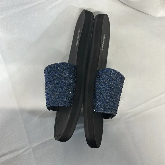 Michael Kors Eva flocked sole rhinestone  velcro Blue Slide Sandals shoes