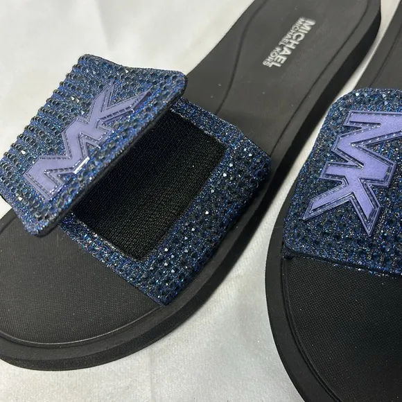 Michael Kors Eva flocked sole rhinestone  velcro Blue Slide Sandals shoes