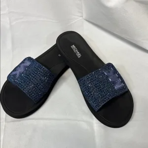 Michael Kors Eva flocked sole rhinestone  velcro Blue Slide Sandals shoes