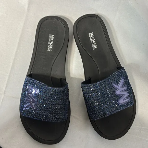 Michael Kors Eva flocked sole rhinestone  velcro Blue Slide Sandals shoes