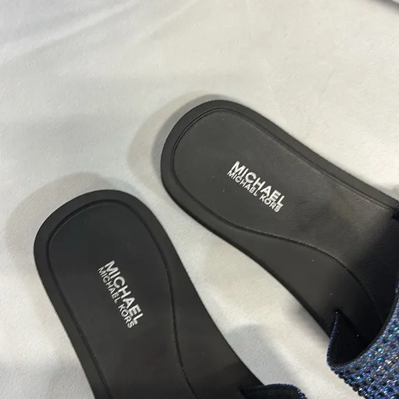 Michael Kors Eva flocked sole rhinestone  velcro Blue Slide Sandals shoes