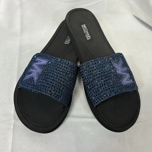 Michael Kors Eva flocked sole rhinestone  velcro Blue Slide Sandals shoes