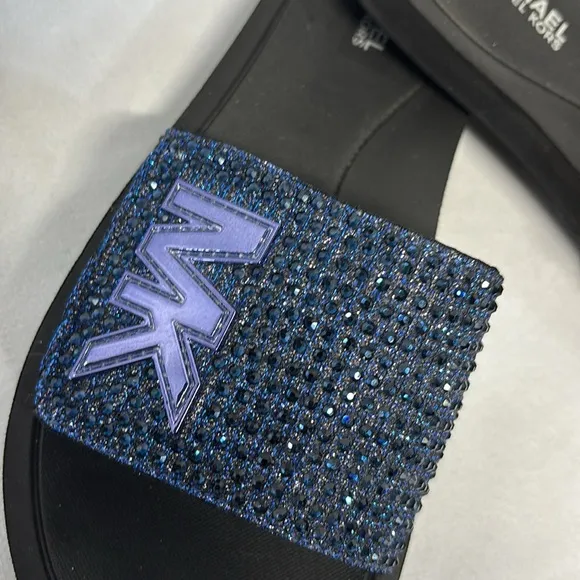 Michael Kors Eva flocked sole rhinestone  velcro Blue Slide Sandals shoes