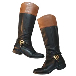 Michael Kors Fulton Black Two-Toned Knee High Boots Leather Riding Boots Size 9