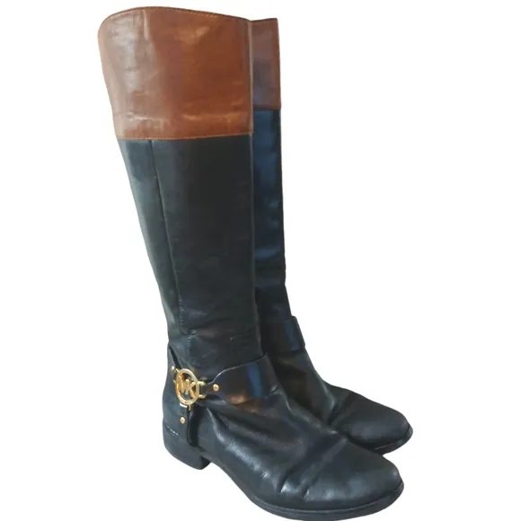 Michael Kors Fulton Black Two-Toned Knee High Boots Leather Riding Boots Size 9