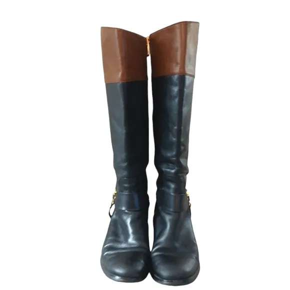 Michael Kors Fulton Black Two-Toned Knee High Boots Leather Riding Boots Size 9