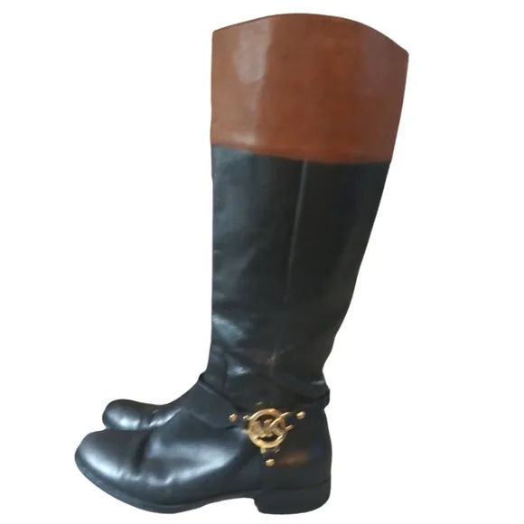Michael Kors Fulton Black Two-Toned Knee High Boots Leather Riding Boots Size 9