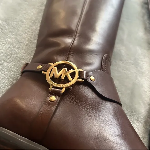 Michael Kors Fulton Harness gold MK logo mocha tall riding boots