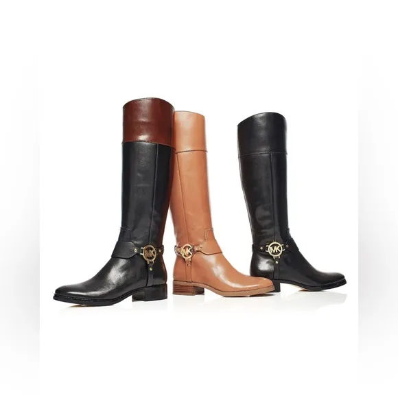 Michael Kors Fulton Harness gold MK logo mocha tall riding boots
