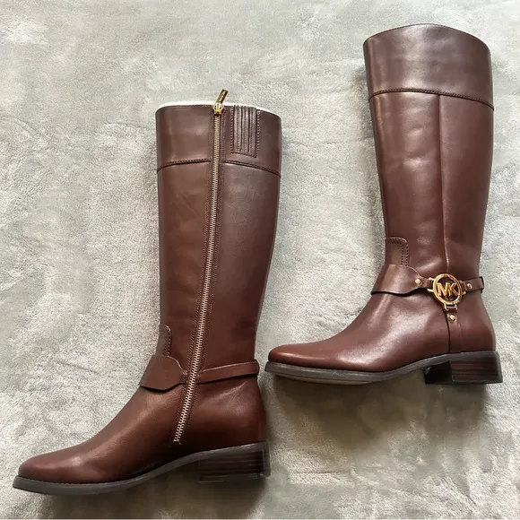 Michael Kors Fulton Harness gold MK logo mocha tall riding boots