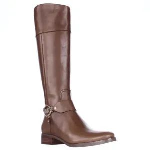 Michael Kors Fulton Harness gold MK logo mocha tall riding boots