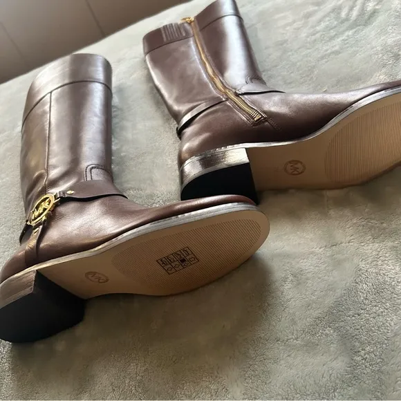 Michael Kors Fulton Harness gold MK logo mocha tall riding boots