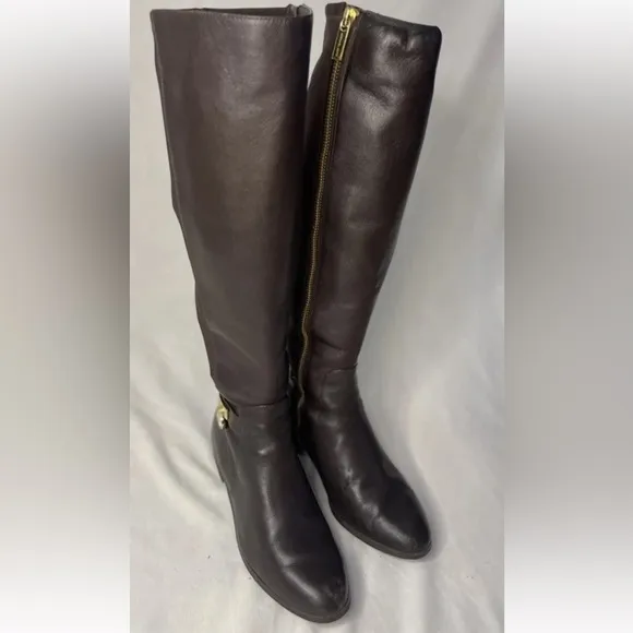 MICHAEL KORS HAMILTON BROWN GOLD PADLOCK LOGO TALL RIDING BOOTS Size 6M