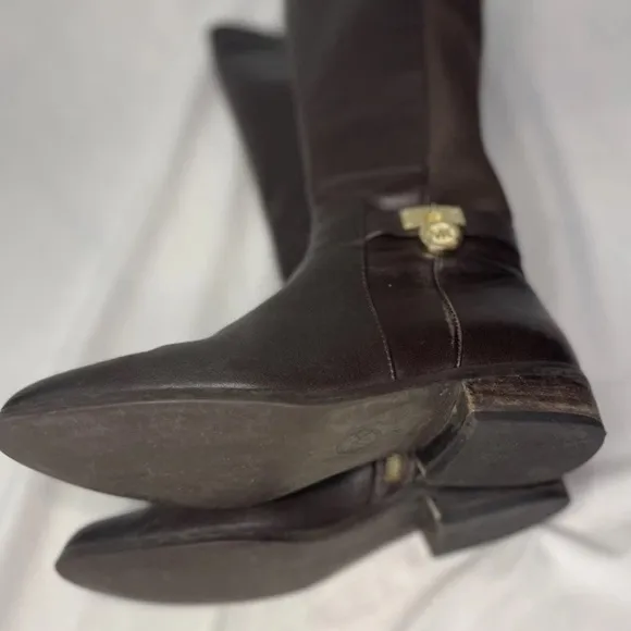 MICHAEL KORS HAMILTON BROWN GOLD PADLOCK LOGO TALL RIDING BOOTS Size 6M