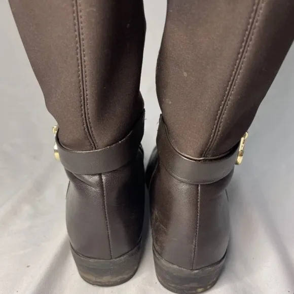 MICHAEL KORS HAMILTON BROWN GOLD PADLOCK LOGO TALL RIDING BOOTS Size 6M