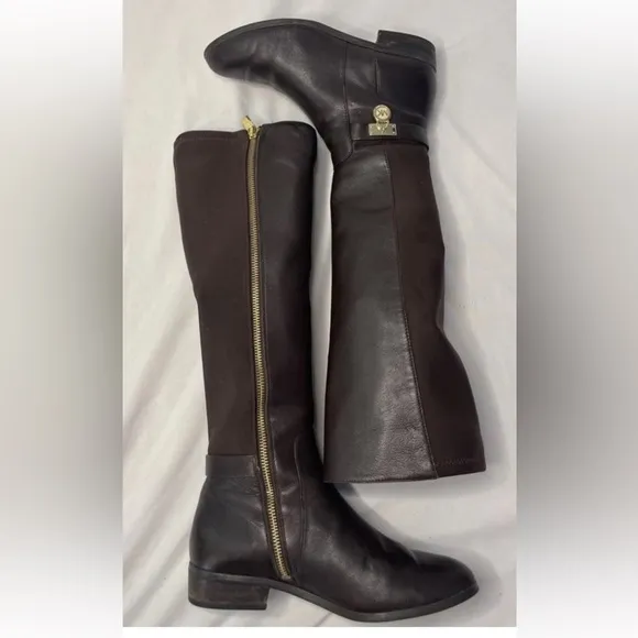 MICHAEL KORS HAMILTON BROWN GOLD PADLOCK LOGO TALL RIDING BOOTS Size 6M